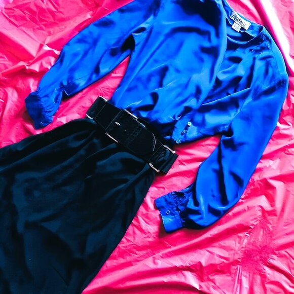 SILK SKIRT & TOP SET: VINTAGE CERULEAN BLOUSE, ASHLEY BLACK WRAPAROUND SKIRT - Picture 8 of 10